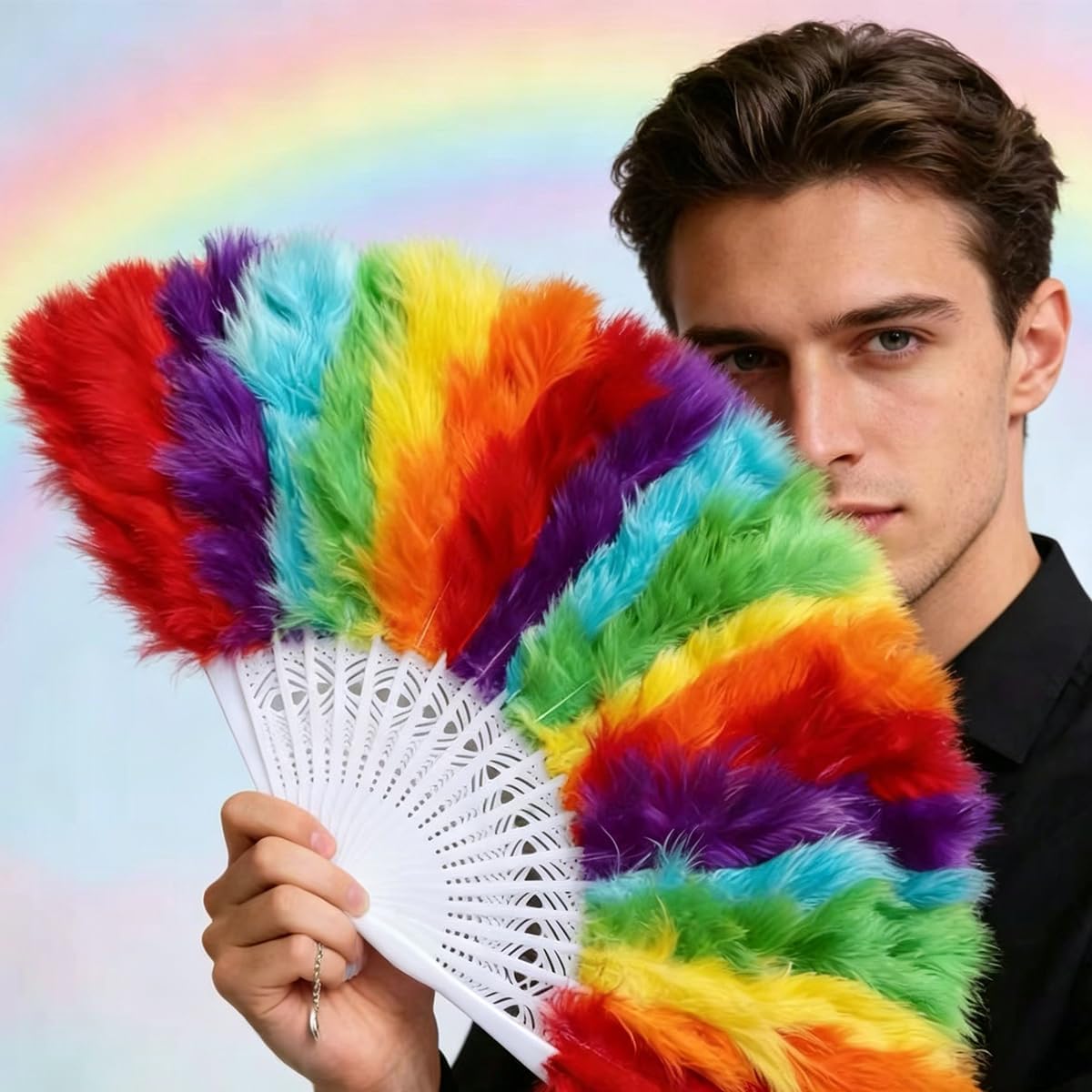 Rainbow Fan Folding Hand Feather Fans Handheld for Pride Day Parade Rainbow Party Decoration Music Festival Party Festival Decor