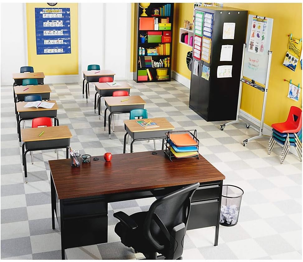 Lorell Classroom Student Stack Chairs, 18"H Seat, Navy/Silver, Set of 4