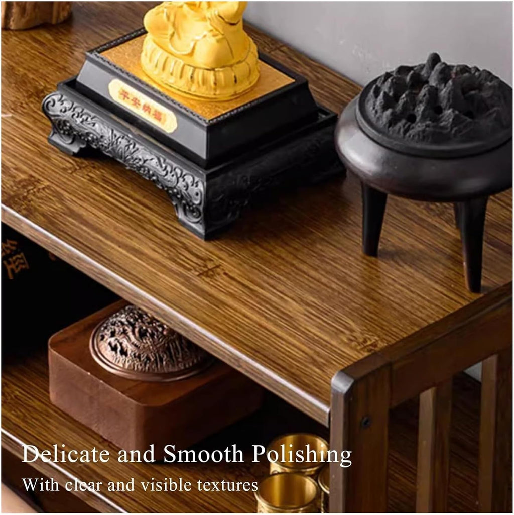 Bamboo Altar Meditation Table - Spiritual Worship Table with Drawer & 2-Tier Storage, Hand-Carved Buddhist Tea Table for Prayer/Divination(Walnut,20.5in(52cm))