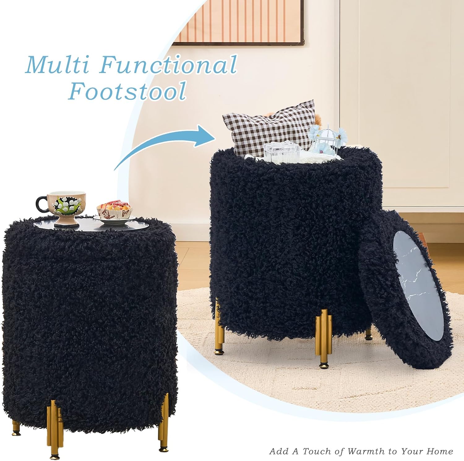 Round Ottoman Foot Stool with Storage and Metal Legs for Living Room Bedroom, Velvet Upholstered Footrest Stool Support 300lbs Modern Padded Seat Ottoman Coffee Table (Black-Long Wool)
