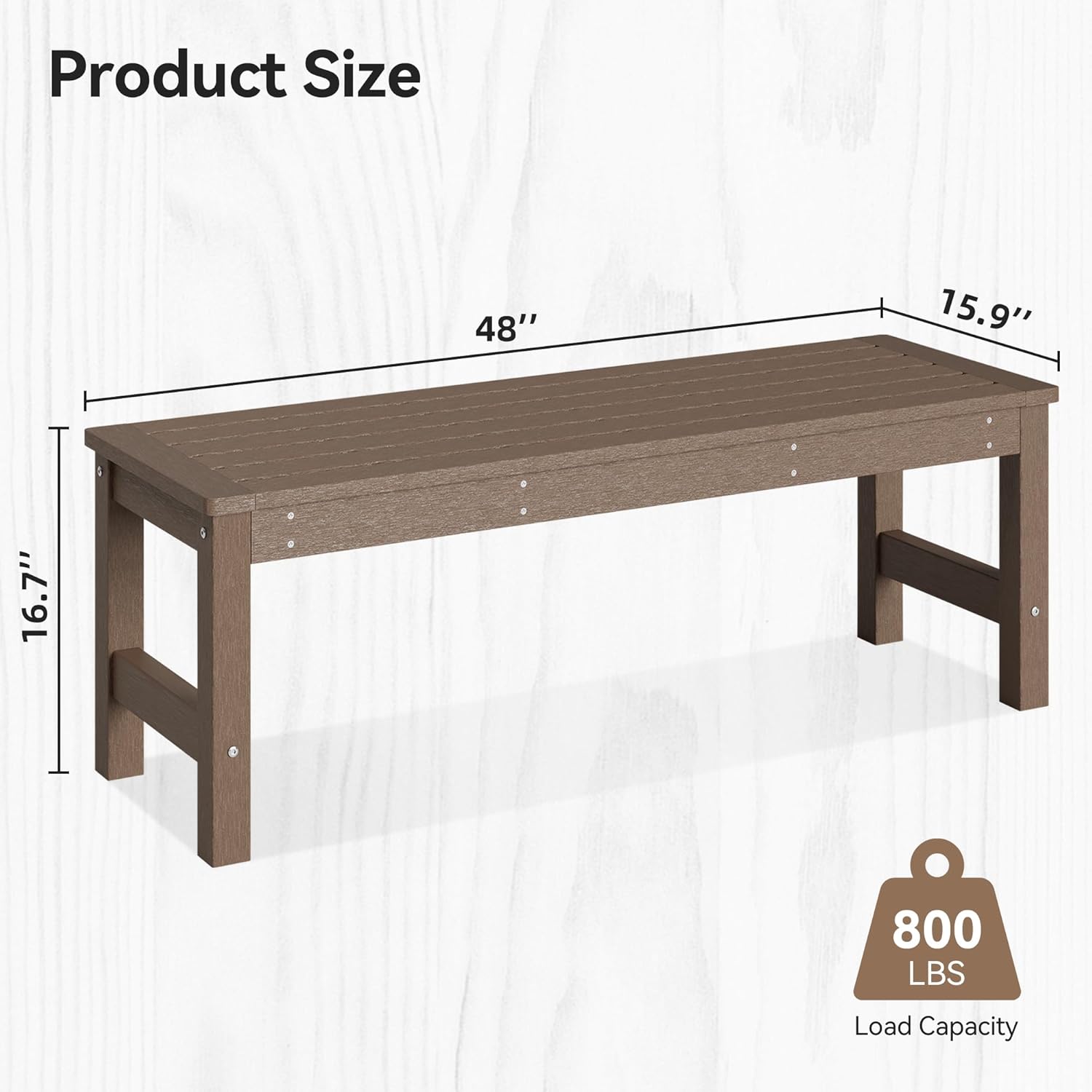 48" Outdoor Bench, HDPE All-Weather 2-Person Backless Bench, Fade-Resistant Garden Bench for Patio, Porch & Park, Brown