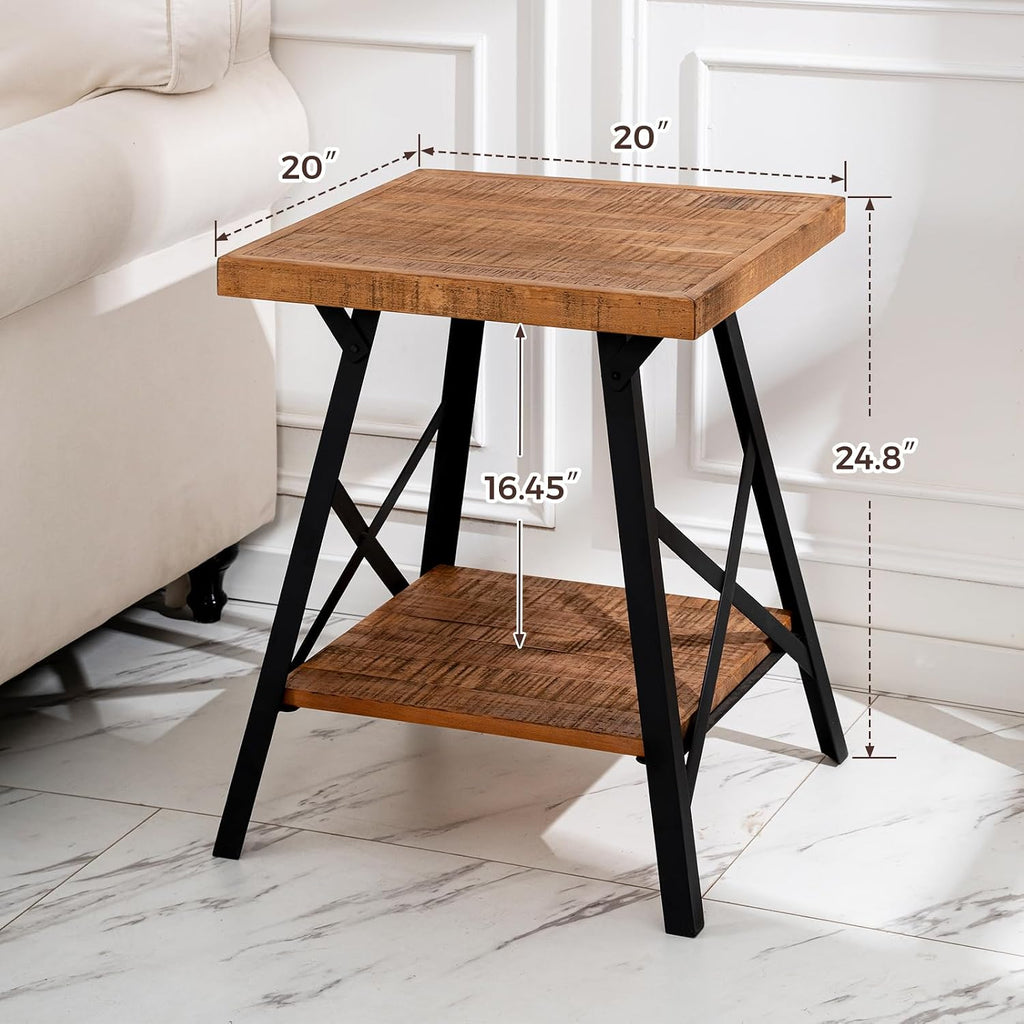 Solid Wood End Table, 2 Tier Square Side Table with Storage Shelf, Solid Pine Top, Sturdy Metal Legs Nightstand for Small Spaces, Living Room, Bedroom, 20 x 20 x 24.8 in, Rustic Brown