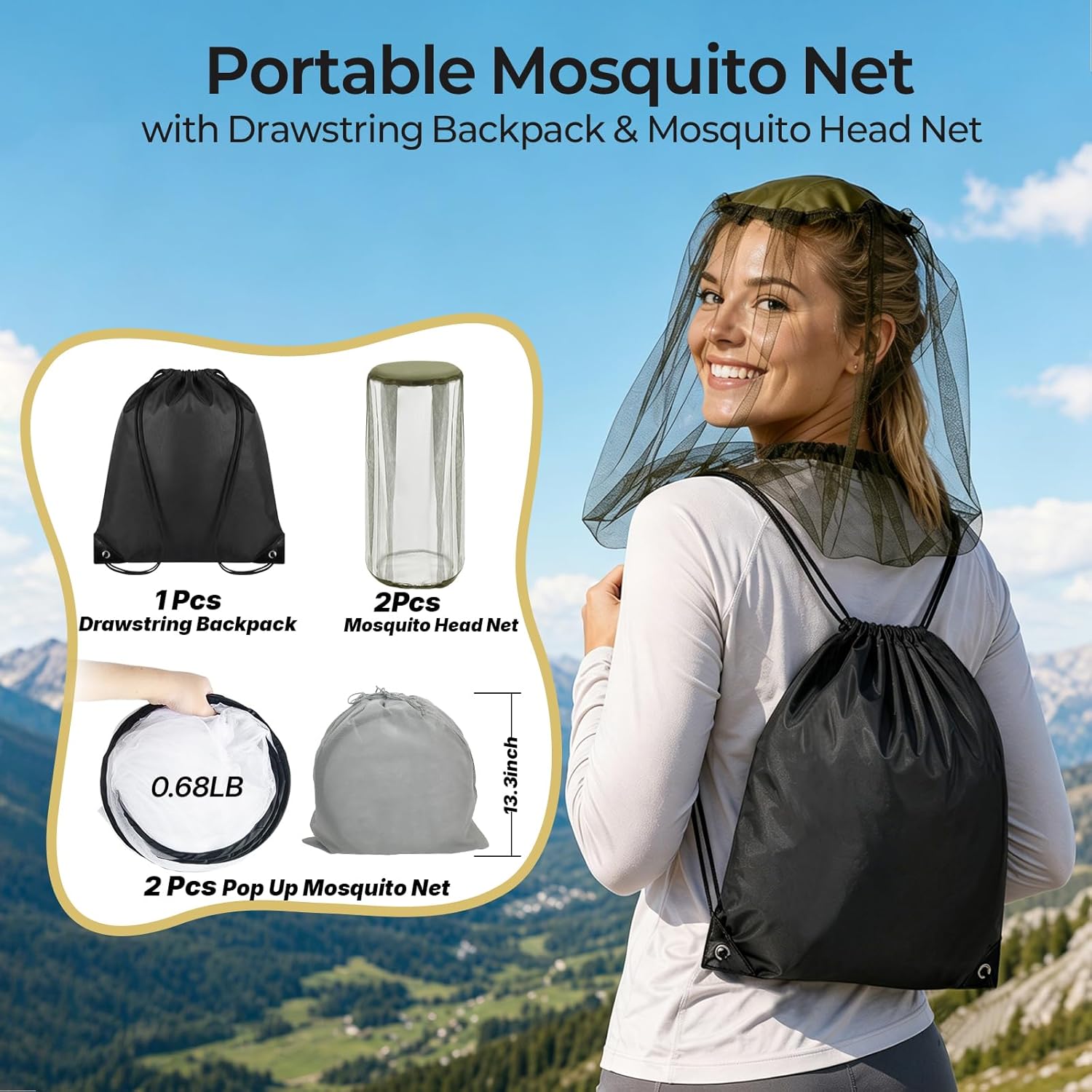 2 Pcs Black Pop Up Mosquito Net for Bed with Drawstring Bag Mosquito Head Net, 78 x 31 x 22 Inch Portable Foldable Mosquito Tent with Double Zipper, Mesh Bed Net for Camping Travel