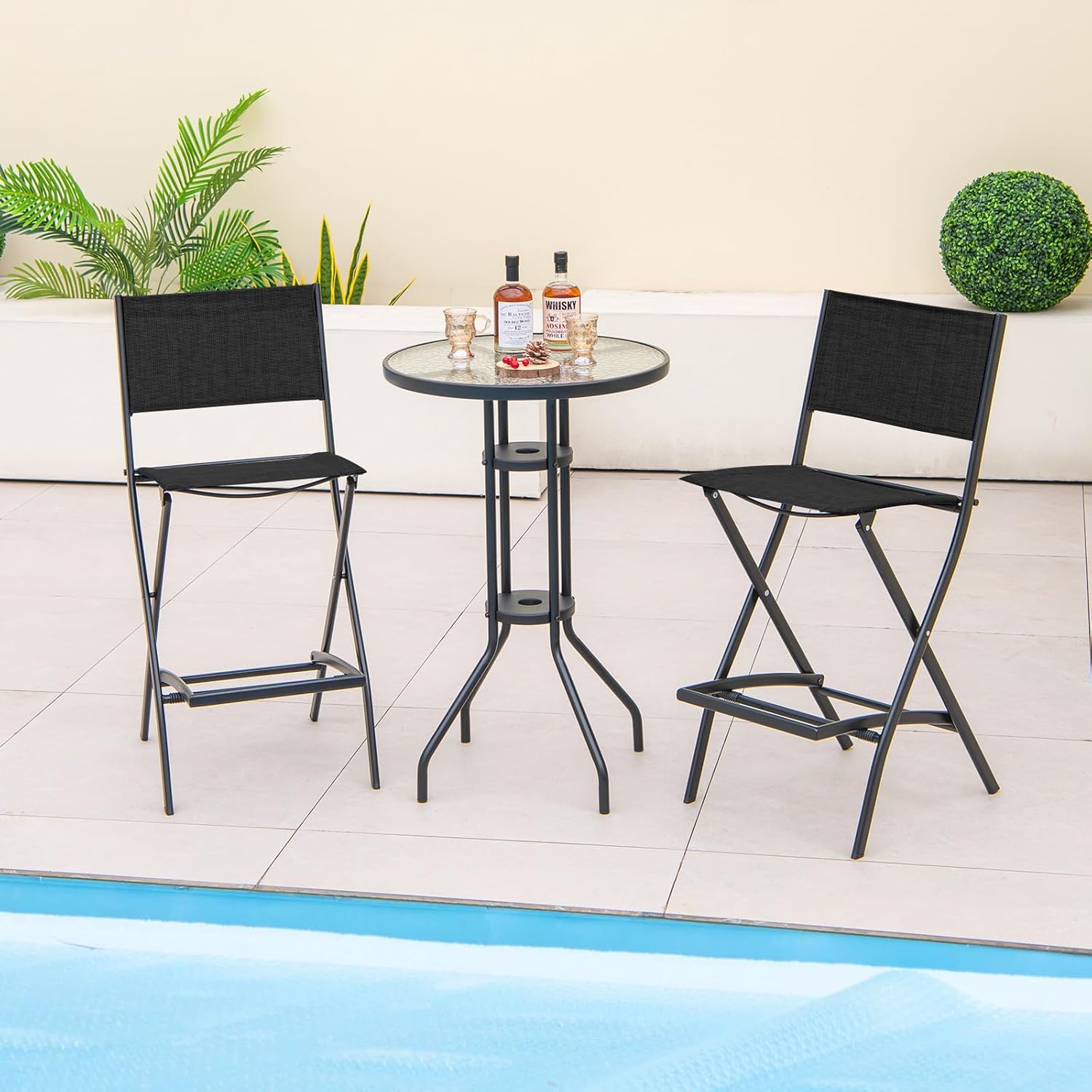 Tangkula Outdoor Barstools Set of 2, Counter Height Folding Bar Chairs with Back and Footrest, Versatile Patio Dining Chairs with Breathable Fabric & Heavy-Duty Metal Frame (2, Black)