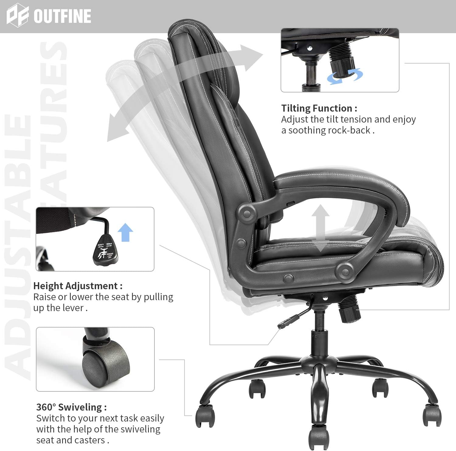 OUTFINE Office Chair Executive Office Chair Desk Chair Computer Chair with 5-Year hydrolysis-Resistant Leather Spring Cushion Ergonomic Support Tilting Function Upholstered in Bonded Leather Black