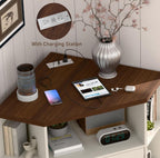 Halitaa Corner Storage Cabinet, 6-Cubby Wooden Cabinet with USB Ports and Outlets, Farmhouse Corner Bookshelf with Storage Industrial Organizer for Study, Playroom, Living Room, White and Brown