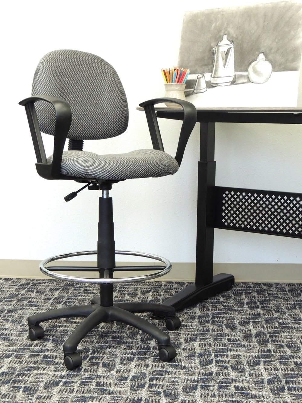 Boss Office Products B1617-GY Ergonomic Works Drafting Chair with Loop Arms in Grey