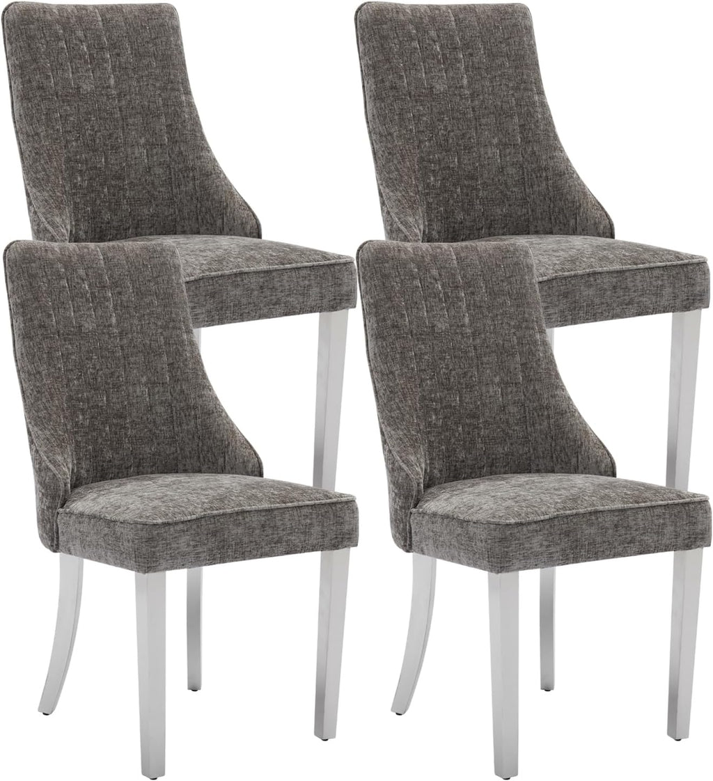 Dining Chairs Set of 4，Modern Channel Tufted Upholstered Dining Chairs with Silver Stainless Steel Legs, Comfortable Chenille Fabric Kitchen Chairs for Dining Room (Grey, 4pc)