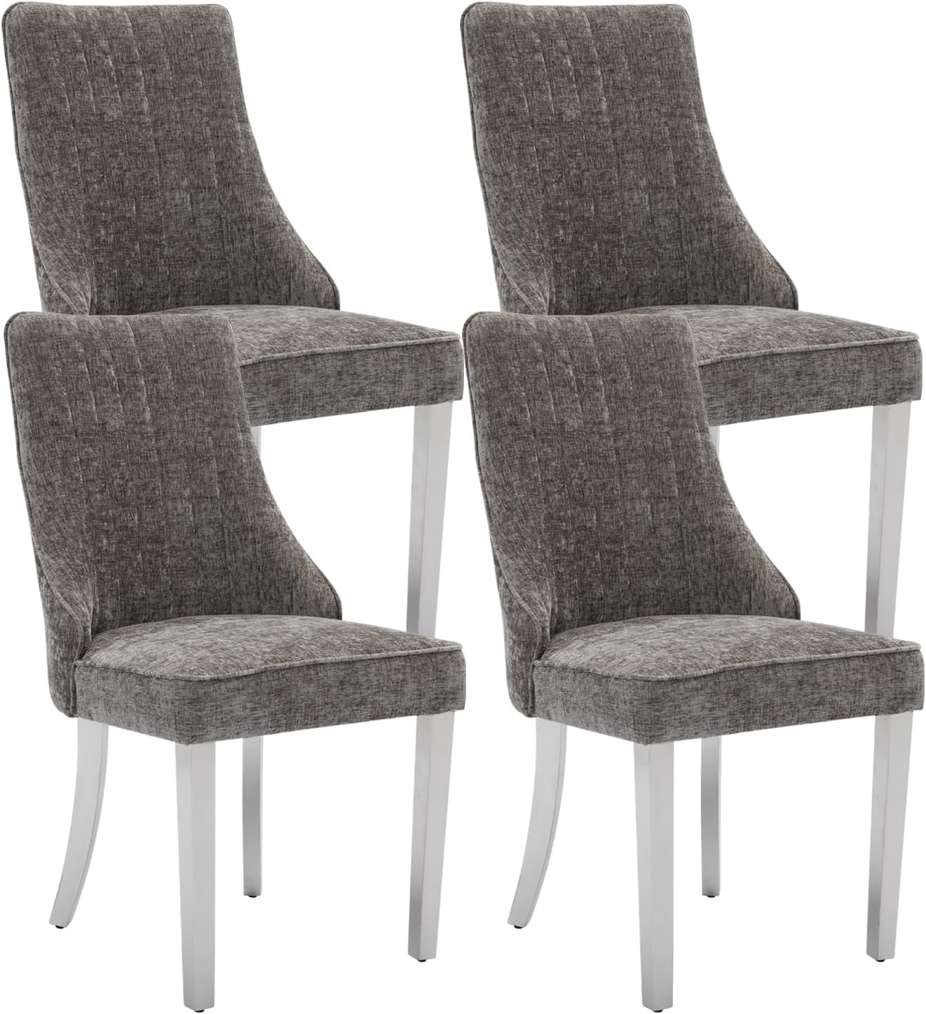 Dining Chairs Set of 4，Modern Channel Tufted Upholstered Dining Chairs with Silver Stainless Steel Legs, Comfortable Chenille Fabric Kitchen Chairs for Dining Room (Grey, 4pc)