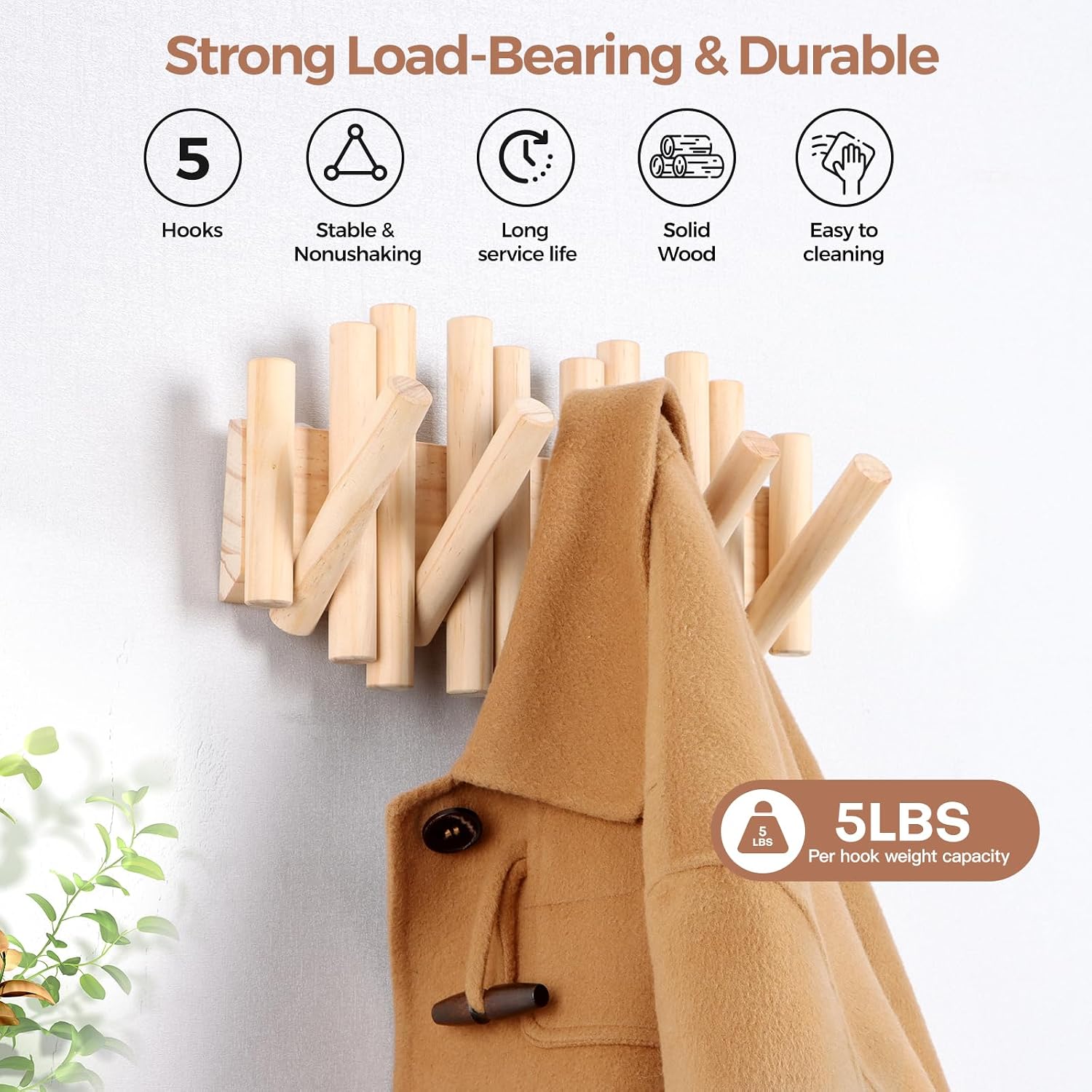 Wall Mount Coat Rack with 5 Hooks: Space-Saving Wall Coat Rack, Hooks for Hanging in Entryway, Bathroom, Home Office
