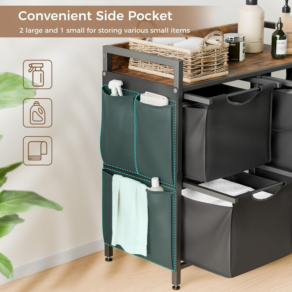 Laundry Sorter with 4 Sections, Laundry Hamper with Wheels, Laundry Basket with Small Side Pockets and Pull-Out Removable Liners,for Laundry Room Bedroom Bathroom (150L)