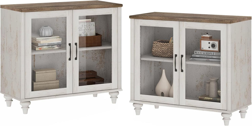WAMPAT Farmhouse End Table with Ample Storage, Set of 2 Large Mid Century Modern Wood Bedside Table, Wide Sofa Side End Table with Glass Doors, Cabinet for Living Room, Bedroom, Rustic White