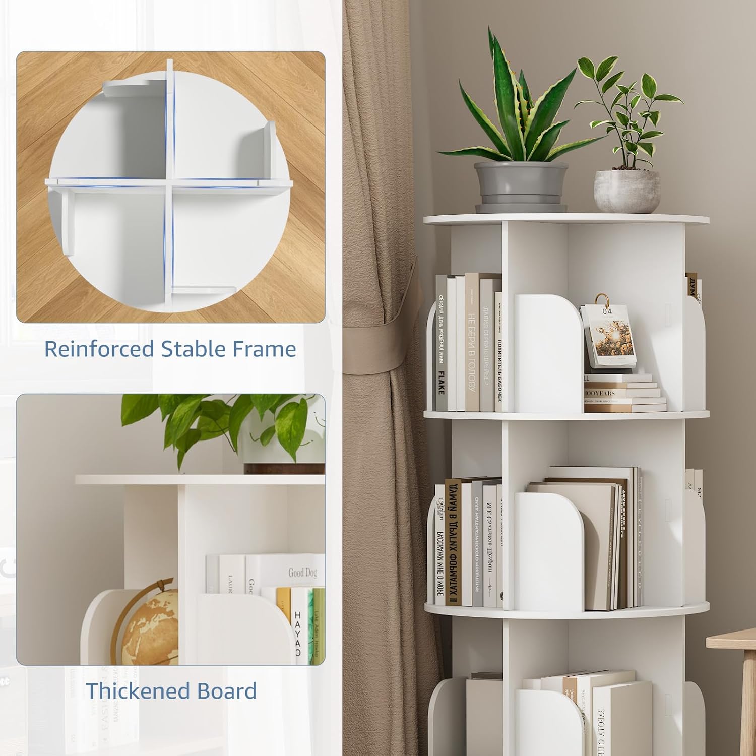 DUMOS 3 Tier Rotating Bookshelf Tower, Study Spinning Bookshelf for Small Space, 360° Display Revolving Bookcase Lazy Susan, Freestanding Vertical Corner Book Shelf for Bedroom, Living Room, White