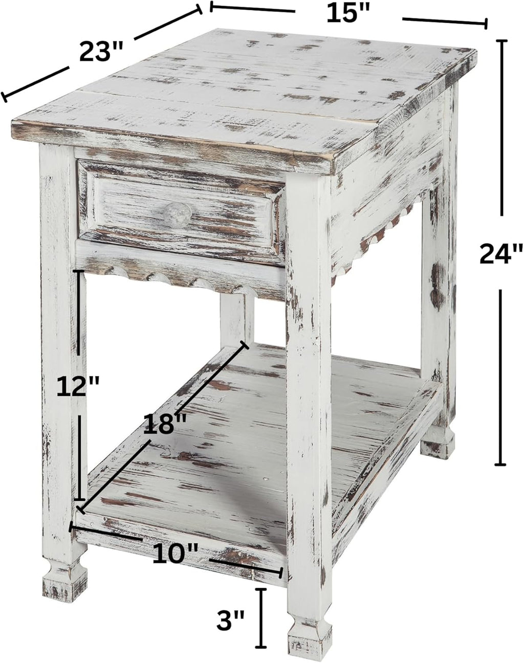 Alaterre Furniture Country Cottage Chairside End Table Set of 2 – Narrow Rustic Farmhouse Side Table with Drawer & Lower Shelf for Living Room or Bedroom (Distressed White Finish)
