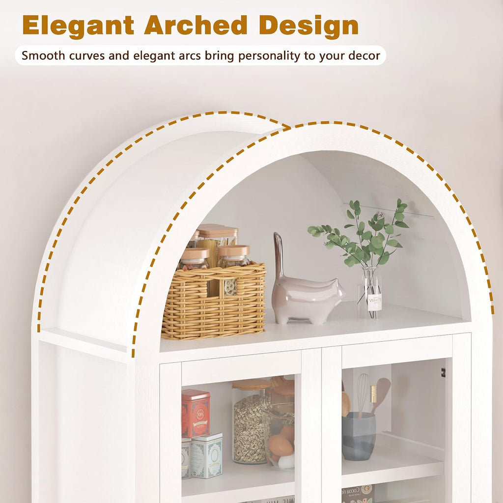 MERITLINE 71" Fluted Arched Pantry Cabinet with Glass Door & Hidden Drawer - Tall Display Storage Cabinet with Adjustable Shelves for Kitchen, Dining Room, Living Room (White)