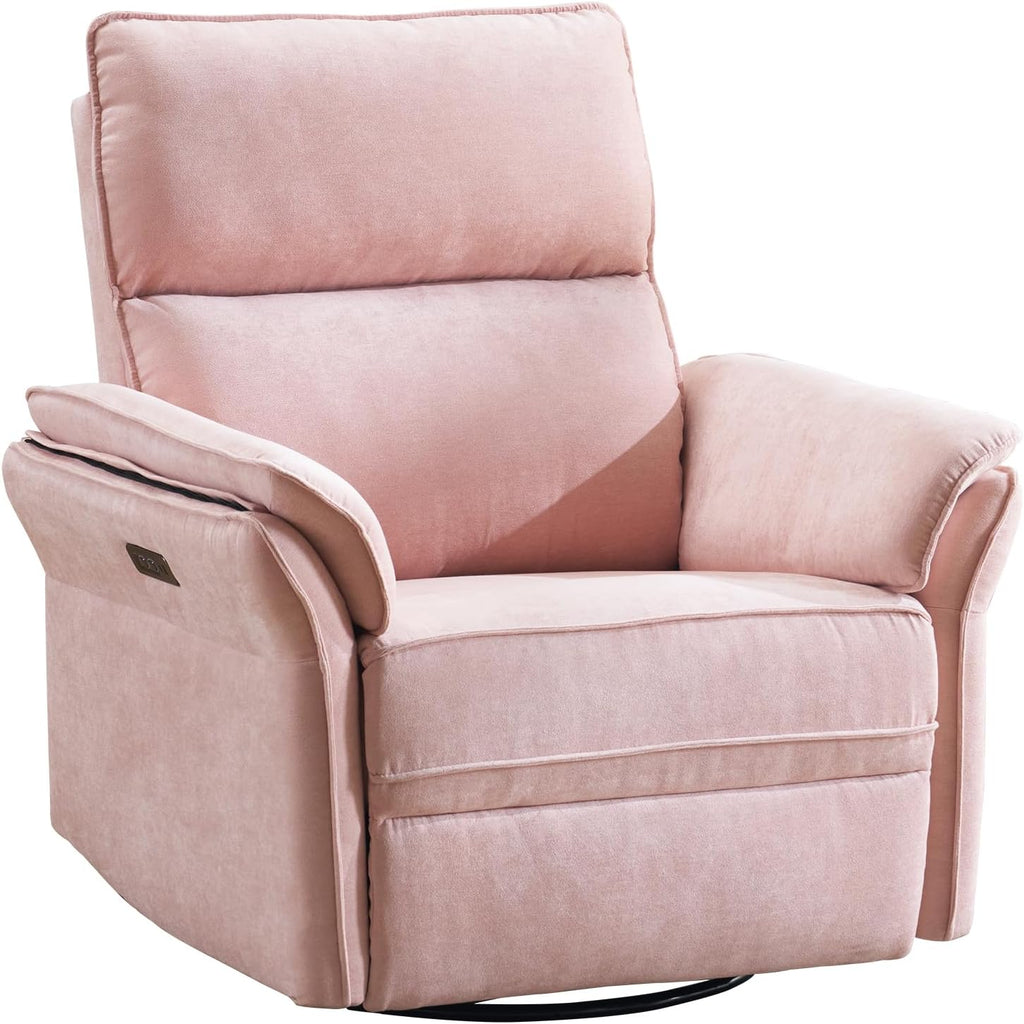 Power Swivel Rocker Recliner, Glider Recliner Nursery Chair with Massage and Heat, Nursery Rocking Chairs with Adjustable Headrest for Living Room，USB Ports,Side Pockets,Chenille Pink