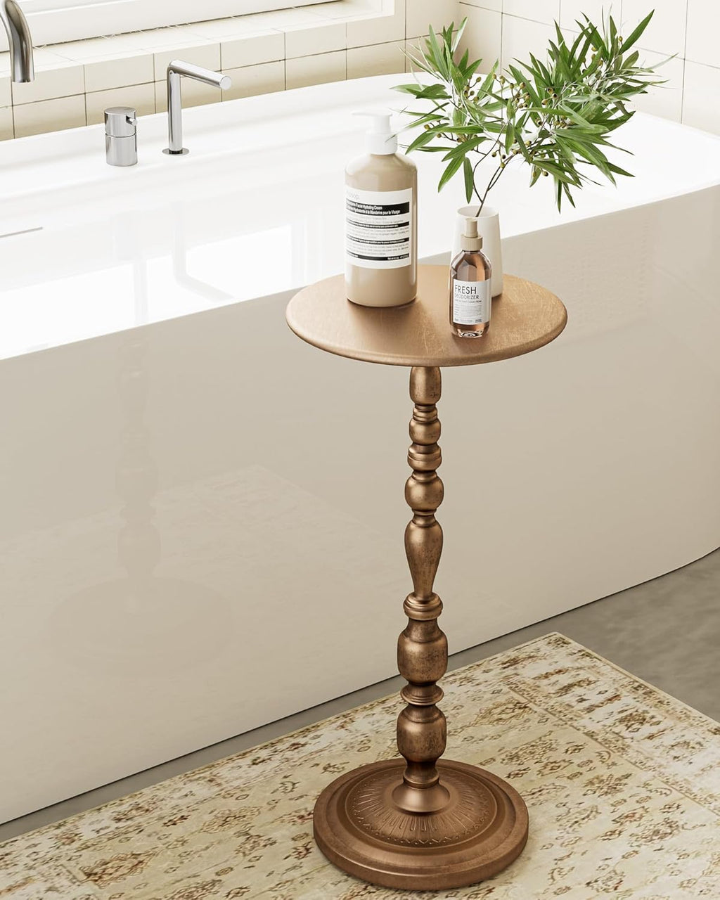 Bronze Side Table, Art Deco Vintage Metal End Table 25" Height, Accent Cocktail Table for Living Room, Small Spaces, Polished Brass Finish, Corrosion-Resistant Cast Aluminum