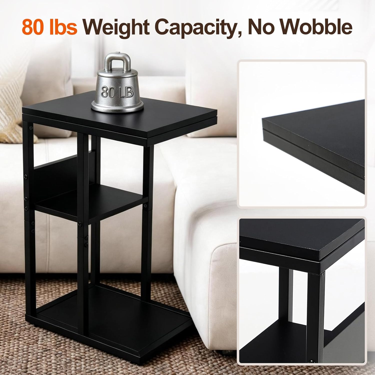 King Oasis 3-Tier Black Metal Side Table - Industrial End Table & Nightstand with Adjustable Feet, 80LB Sturdy Small Bedside Table Storage Shelf for Living Room, Bedroom, and Small Spaces