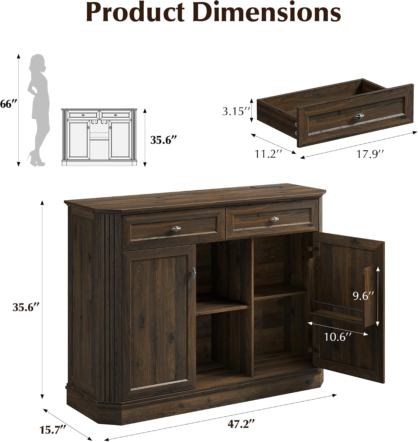 47" Wine Bar Cabinet with LED Light & Power Outlets, 2 Door Coffee Bar Cabinet with 2 Drawers, Sideboard Buffet Cabinet with Storage, Liquor Cabinet for Home Bar, Kitchen Living Room, Walnut Brown
