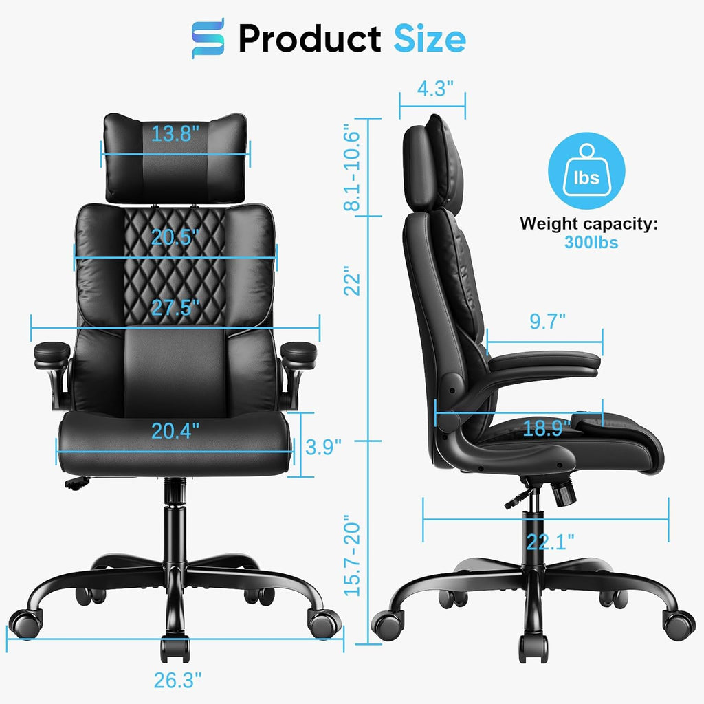 Sytas Ergonomic Office Chair with Adjustable Headrest, Executive Leather Desk Chair with Upgraded Lumbar Support for Lower Back Pain Relief, Thickened Backrest Computer Chair for Home Office, Black