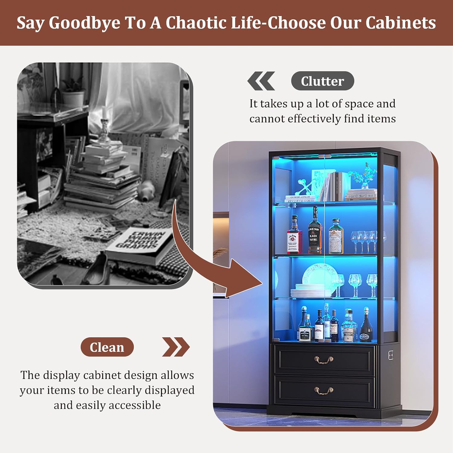 TAGELIER 67" Tall Display Cabinet with Glass Doors and 2 Drawers | Curio Cabinet with Motion Sensor, Led Light Display Cases for Collectibles and Books, China Display Shelf for Living Room