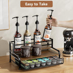 Coffee Syrup Rack Organizer, 3-Tier with 35 K-CUP Pod Holder Drawer | Black Metal Rack for 8 Syrup Bottles, Countertop Bottle Holder Stand for Wine, Space-Saving Design for Kitchen Cafe Station