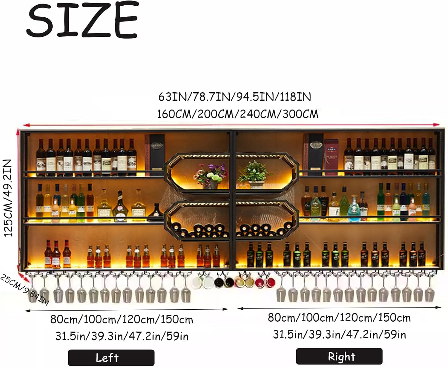 78.7in Large Wall Mounted Wine Rack with LED Light,4-Tiers Liquor Bottles Floating Shelves Display Storage Organizer for Home Bar & Dining Room Decorative (78.7" W x 9.8" D x49.2 H)