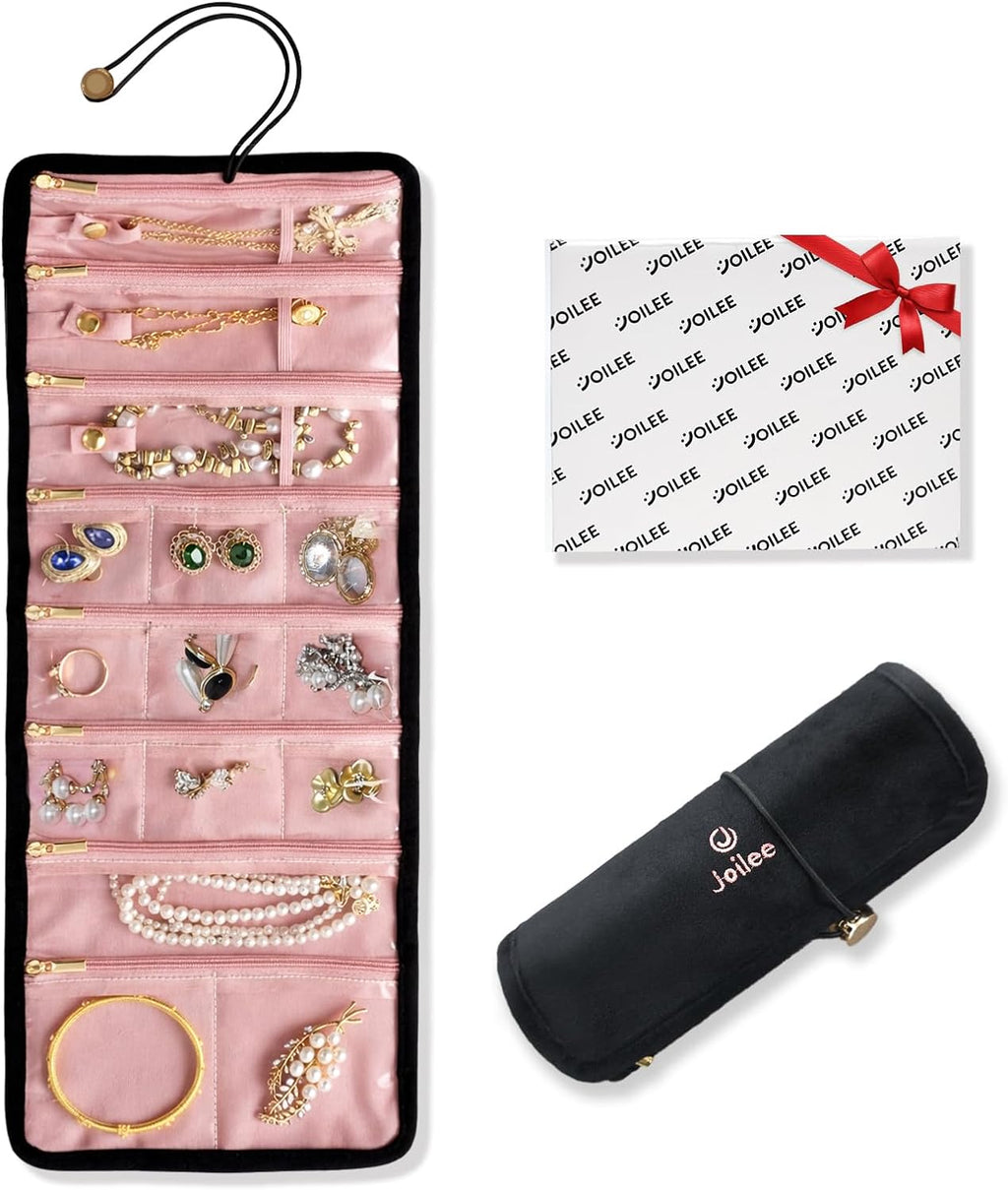 Travel Jewelry Organizer Case, Foldable Velvet Jewelry Roll for Women, Tangle-Free Necklace Storage Bag, Small Portable Jewelry Wrap for Rings, Earrings, Anti-Tarnish Travel Essentials, Black