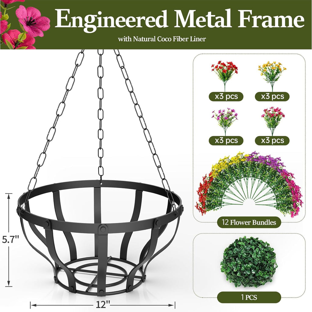 VOXOR Artificial Hanging Flowers with Hanging Baskets for Outdoors, 12 Inch Metal Hanging Planter with 12 Bundles UV Resistant Fake Flowers, Faux Hanging Plants for Porch Patio Garden Balcony Decor