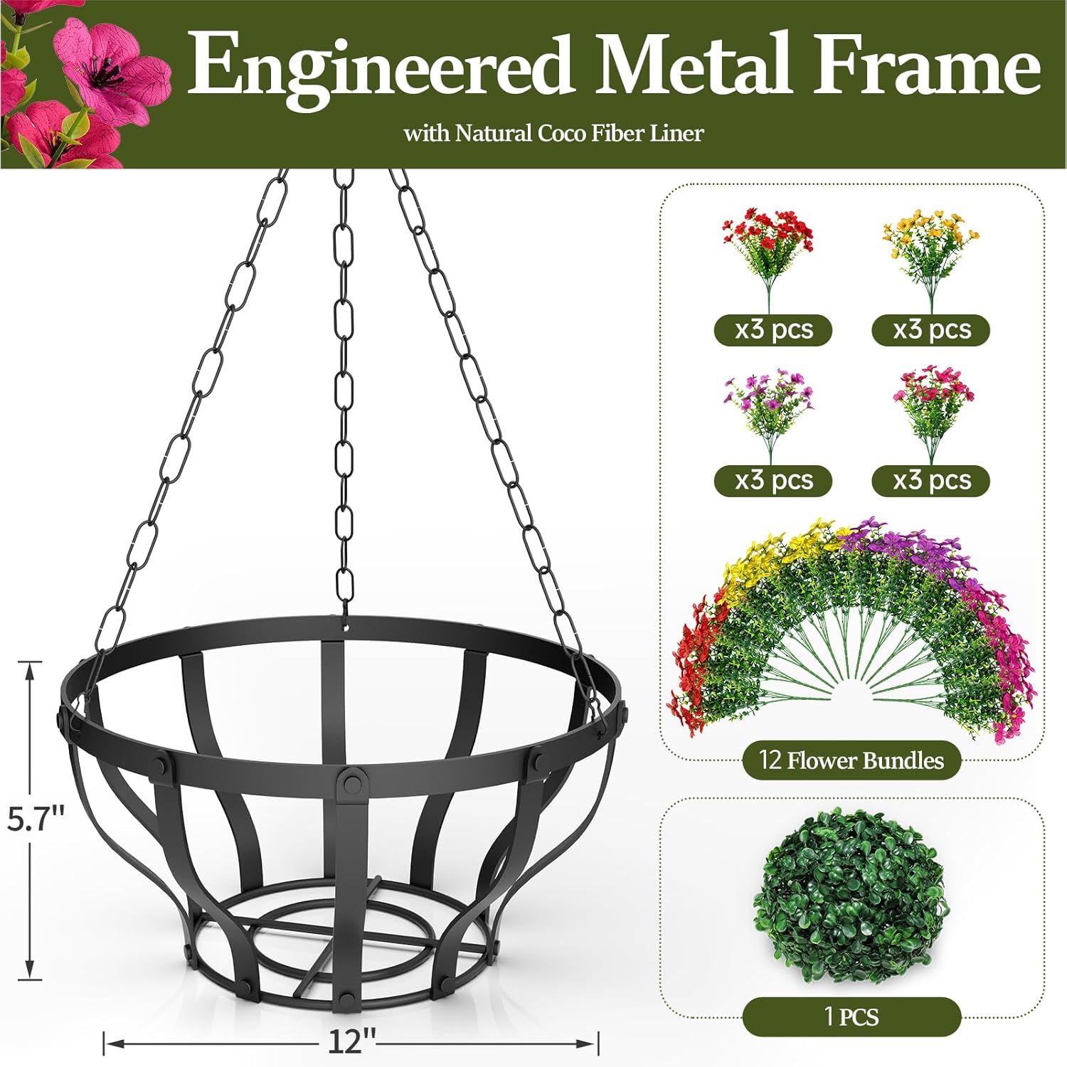 VOXOR Artificial Hanging Flowers with Hanging Baskets for Outdoors, 12 Inch Metal Hanging Planter with 12 Bundles UV Resistant Fake Flowers, Faux Hanging Plants for Porch Patio Garden Balcony Decor