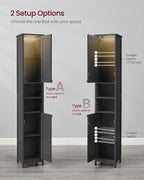 VASAGLE Tall Storage Cabinet with Lights, Slim Freestanding Cabinet with Adjustable Shelves, for Small Spaces, Bathroom, Living Room, Modern, 11.8 Inches Wide, Ink Black UBBK566BC01S