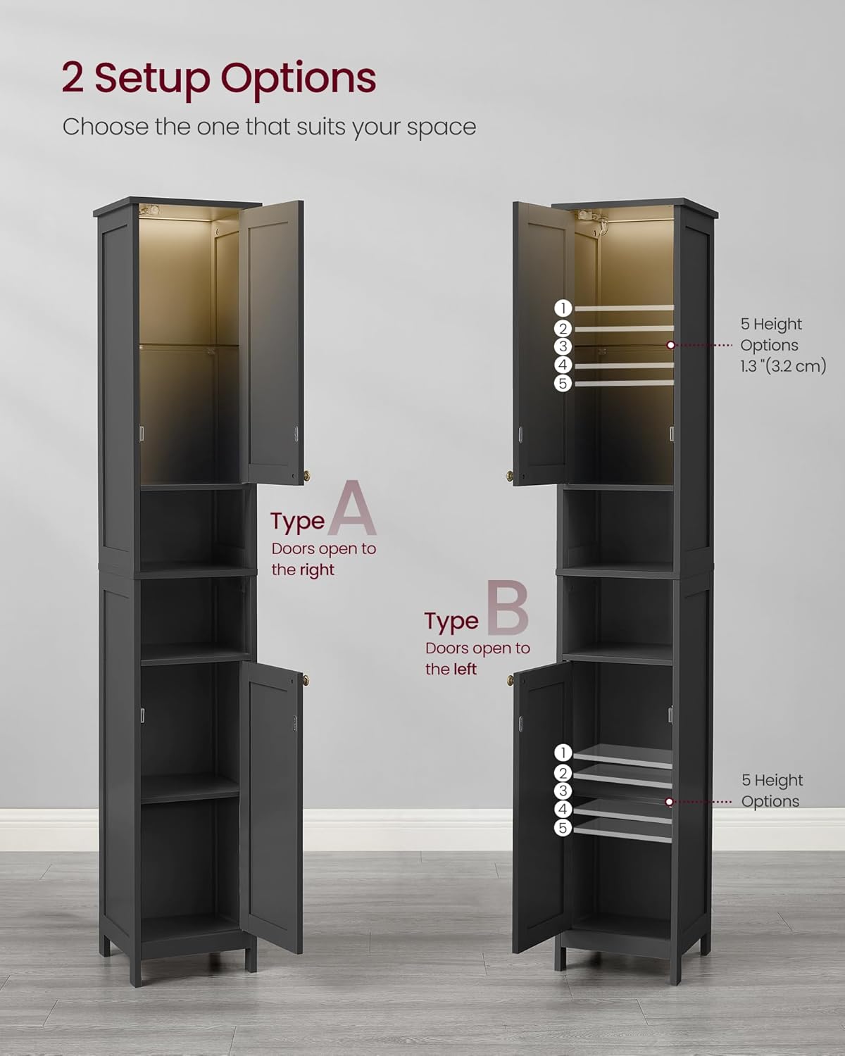 VASAGLE Tall Storage Cabinet with Lights, Slim Freestanding Cabinet with Adjustable Shelves, for Small Spaces, Bathroom, Living Room, Modern, 11.8 Inches Wide, Ink Black UBBK566BC01S