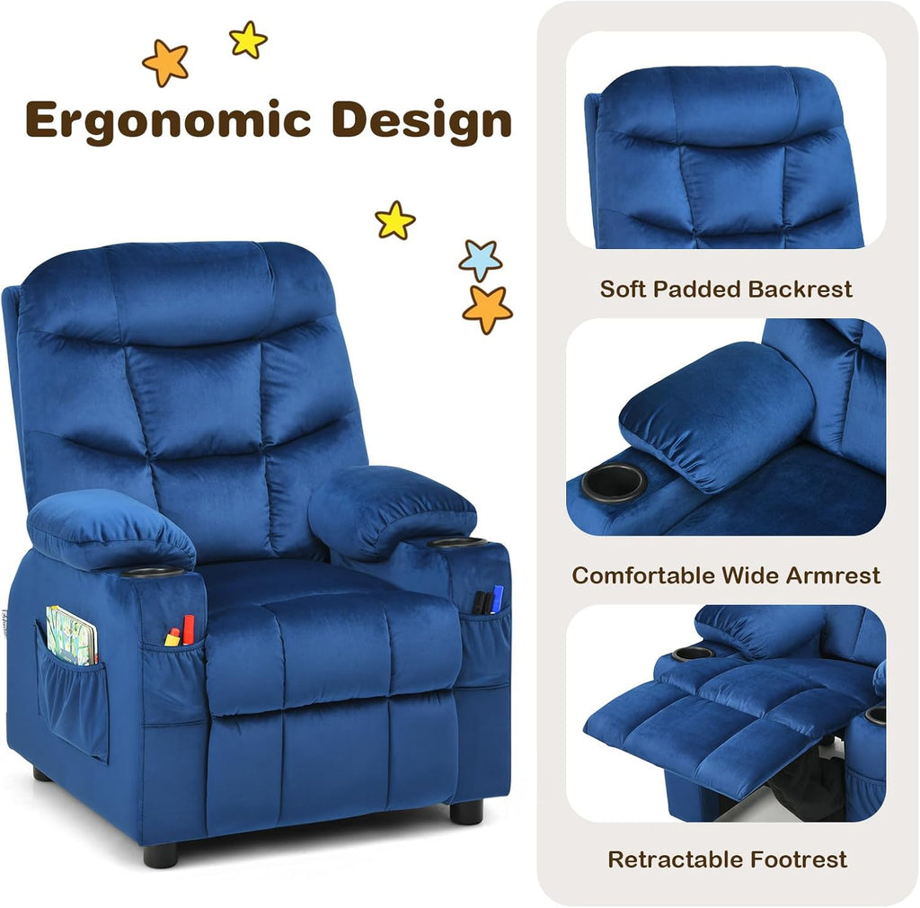GLACER Kids Recliner, Velvet Adjustable Toddler Lounge Chair w/Cup Holder, Footrest, Lumbar Support, Armrests, Side Pockets, Kids Recliner Chairs for Boys Girls Age 3+ (Blue)
