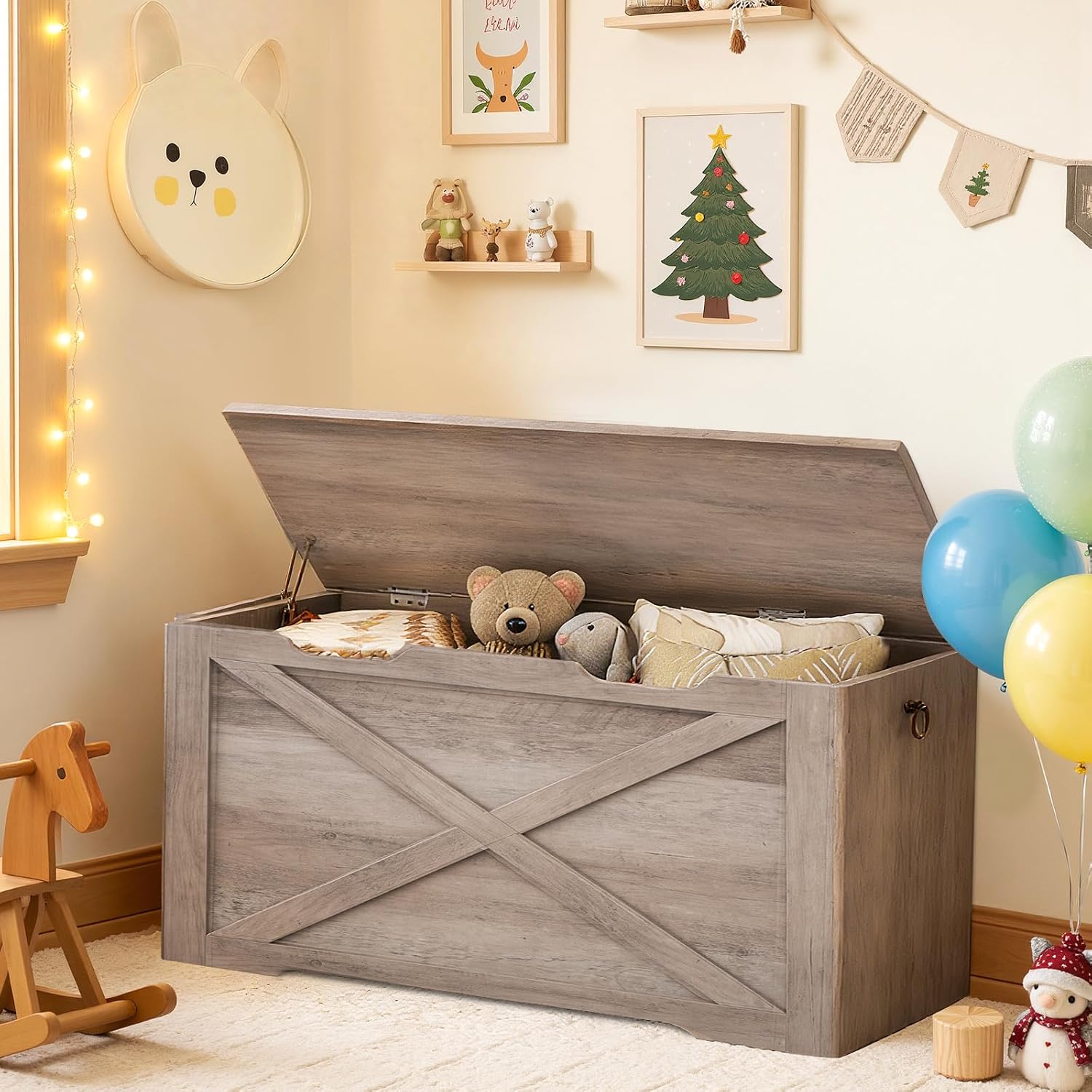 RALGEND Toy Chest, 39.3" Farmhouse Storage Chest with Metal Hinge and Pull Handles, Wooden Storage Bench, Toy Box for Living Room, Bedroom, Entrance, Greige