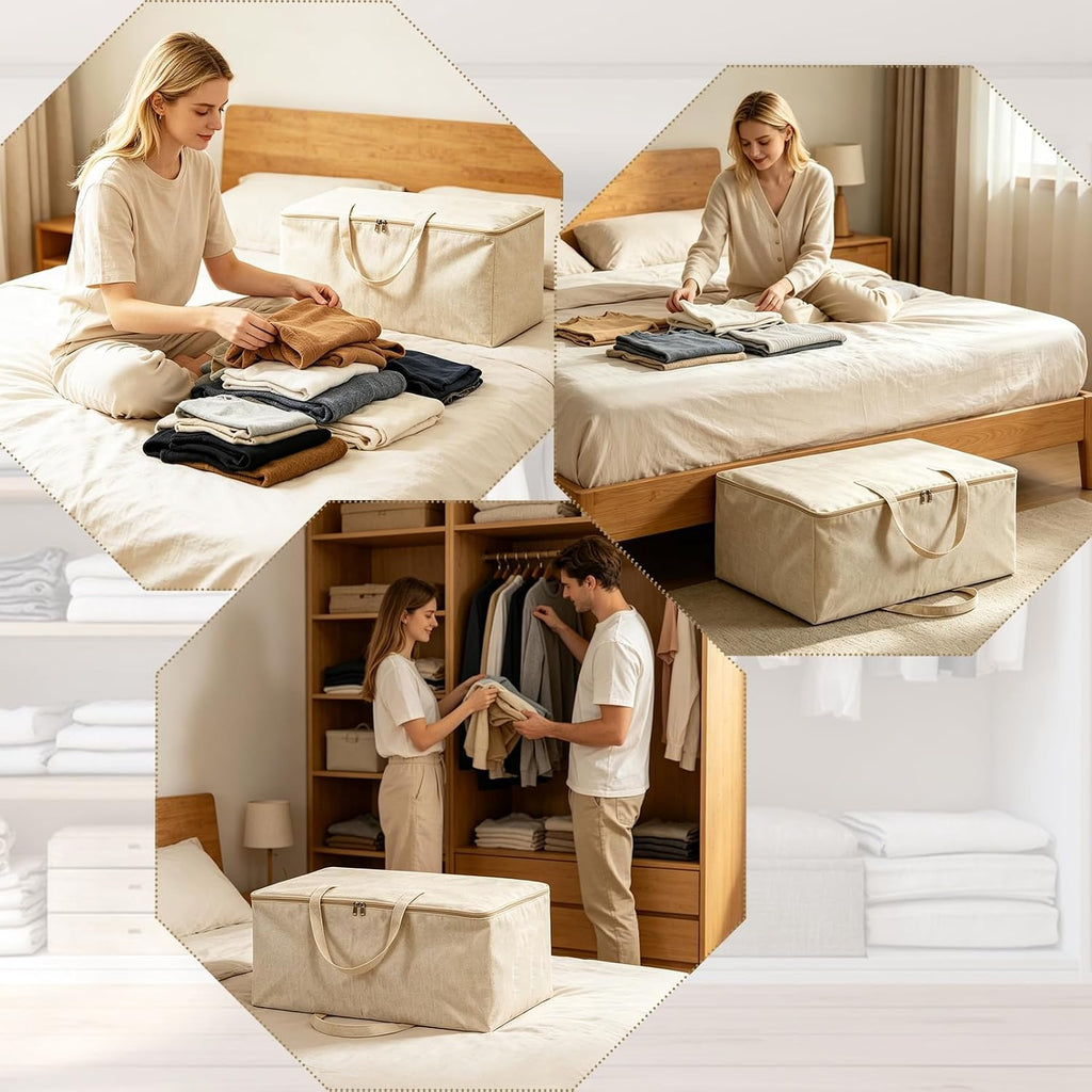 2 Pack Soft Canvas Storage Bag, 23.6x10.2x19.3 inch Large Comforter Organizer, Breathable Closet Organizer Bag with Handles, Comforter Storage Bags for Blankets Bedding Clothes Pillows, Beige