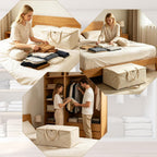 2 Pack Soft Canvas Storage Bag, 23.6x10.2x19.3 inch Large Comforter Organizer, Breathable Closet Organizer Bag with Handles, Comforter Storage Bags for Blankets Bedding Clothes Pillows, Beige