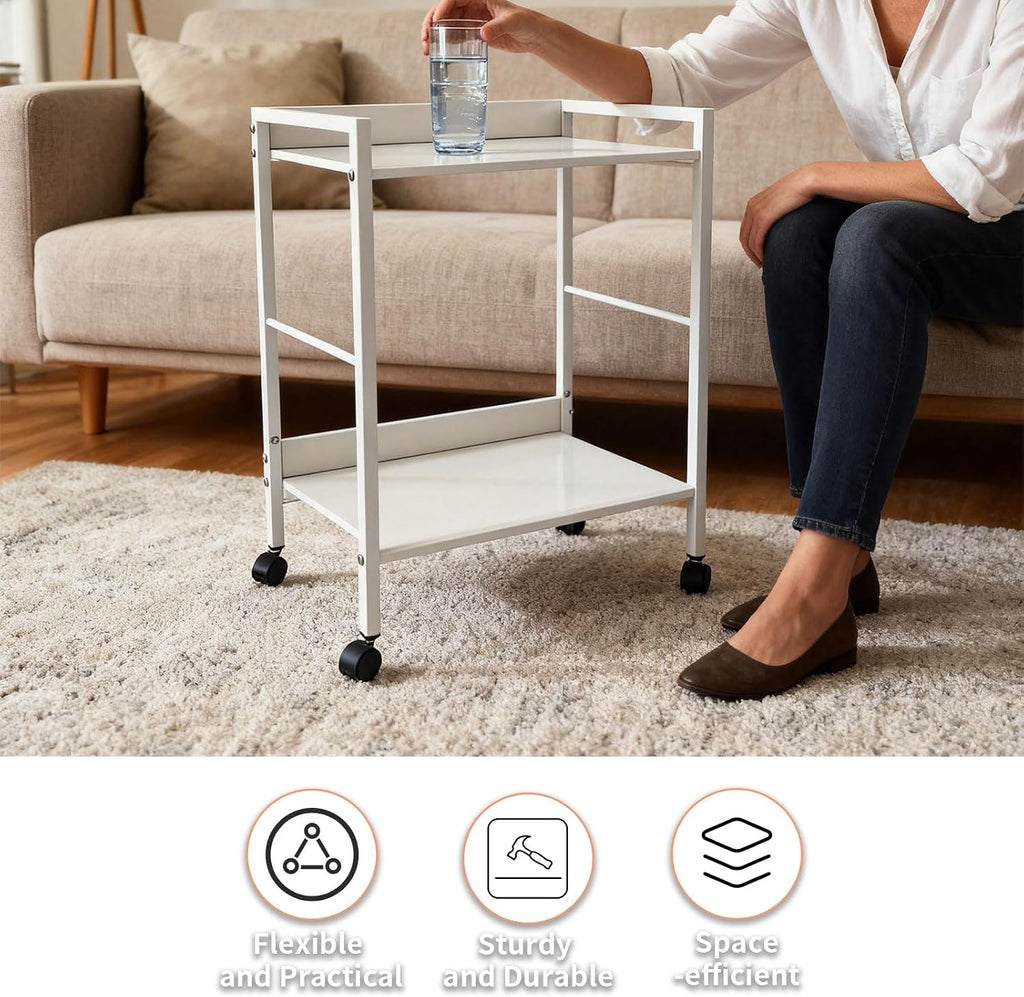 Rolling Side Table & Nightstand, 2-Tier Industrial End Table with Wood Shelves on Wheels, Mobile Sofa Table, Rustic Walnut Small Storage Cart for Living Room, Bedroom, Office.Brown
