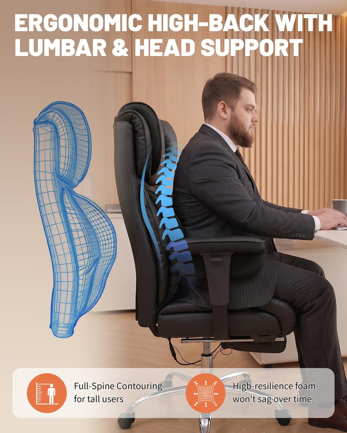 6 Points Massage Big and Tall Office Chair with Foot Rest, 500LBS Heavy Duty Desk Chair with Adjustable Lift Armrests, Ergonomic Computer Chair for Home Office, Gaming & Study，Black
