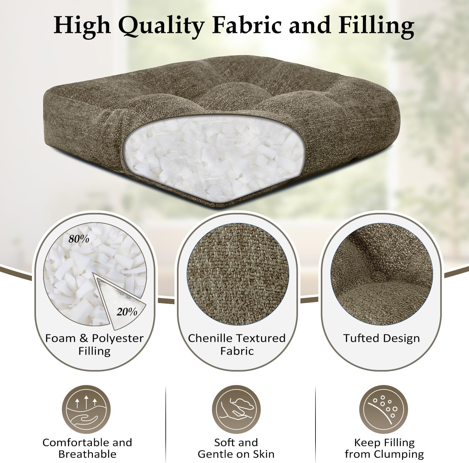 downluxe Chair Cushions for Dining Chairs 4 Pack, Tufted Indoor Chair Pads with Non-Slip Bottom, U-Shaped Kitchen Chair Cushions, 17"x17"x4", Coffee