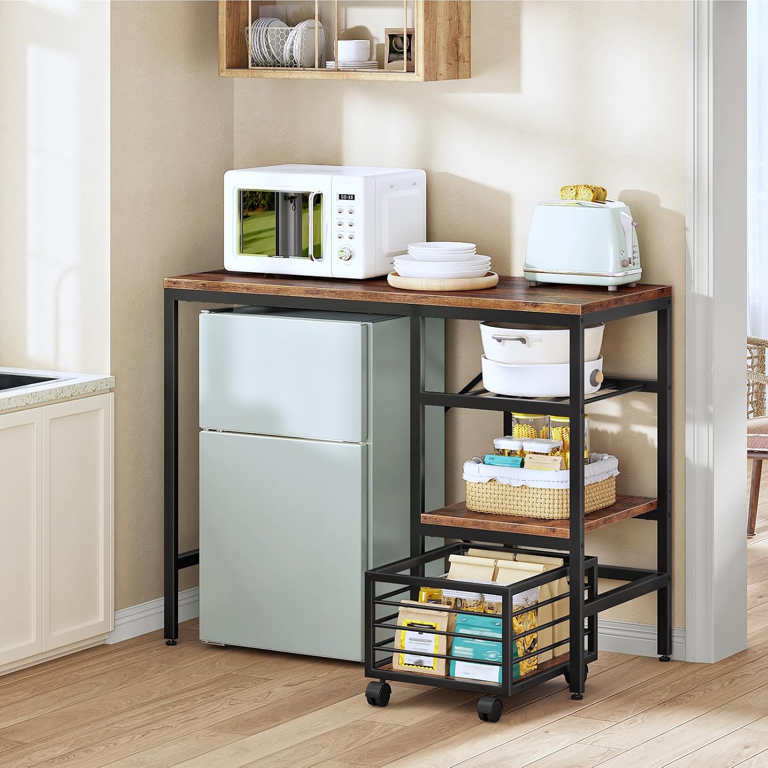 HOOBRO Mini Fridge Stand, Coffee Bar Station with Mini Fridge Space, Bakers Rack with Wine Rack, Mini Fridge Cabinet with Mobile Basket, for Kitchen, Living Room, Rustic Brown and Black BF04BX01
