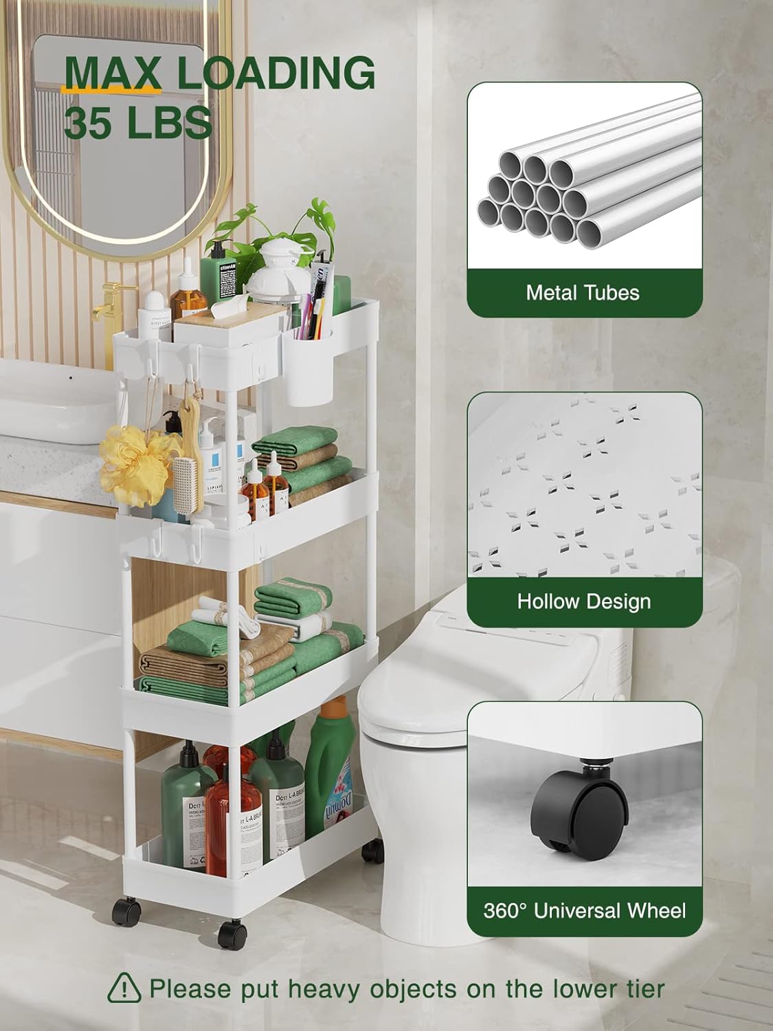 LEHOM Slim Rolling Storage Cart - 4 Tiers Bathroom Organizer Utility Cart Slide Out Storage Shelves Mobile Shelving Unit for Kitchen, Bedroom, Office, Laundry Room, Small Narrow Spaces (7.1" W+White)