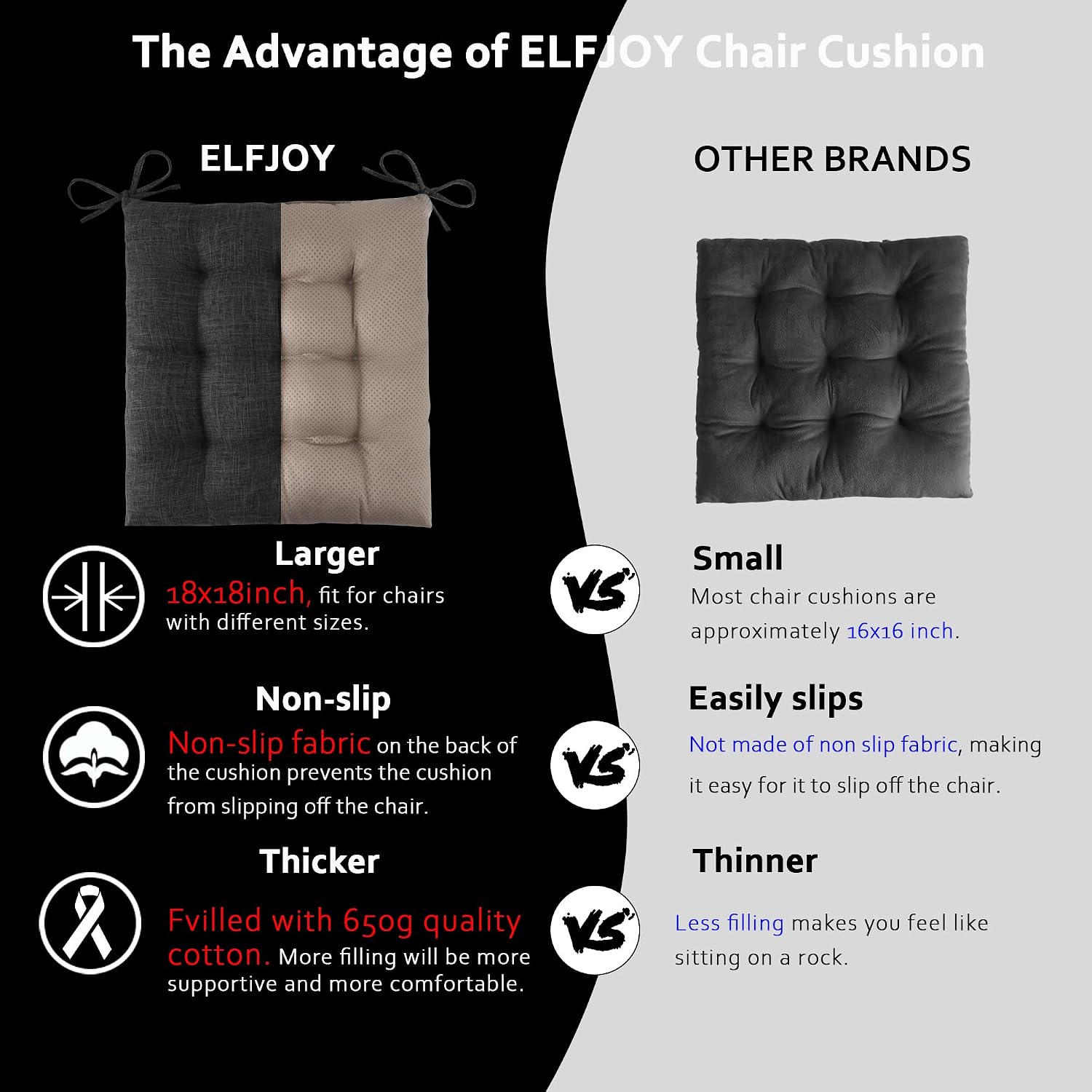 ELFJOY Extra Large Rocking Chair Cushion Non-Slip Linen Chair Pads Thick Back and Seat Cushion 2 Piece Set with Ties
