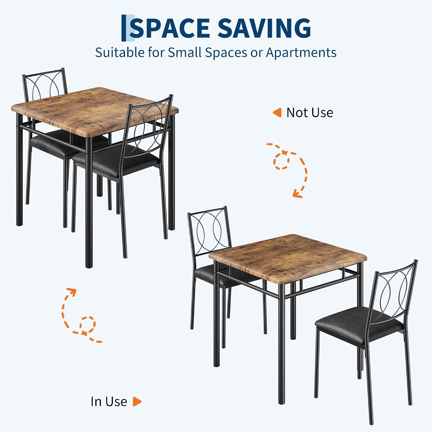 IDEALHOUSE Space-Saving Dining Table Set for 2 – 3-Piece Farmhouse Wooden Table & Upholstered Chairs – Easy to Clean, Ideal for Apartments & Breakfast Nooks – Compact Dining Furniture – Vintage Color