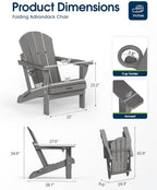 MUCHENGHY Folding Adirondack Chairs Set of 2 HDPE Weather Resistant, Patio Firepit Chairs, Sturdy Outside Chairs, Lawn Chairs, 15min Assembly 380lb Grey