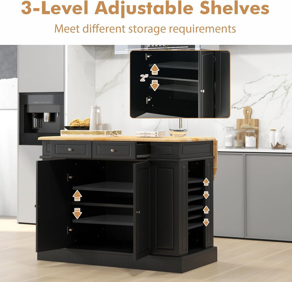 SILKYDRY Kitchen Island with Storage and Drop Leaf, Storage Cabinet with Rubber Wood Top, 2 Drawers, Adjustable Shelves, Spice Racks, Coffee Bar Table for Dining Room, Living Room (Black)