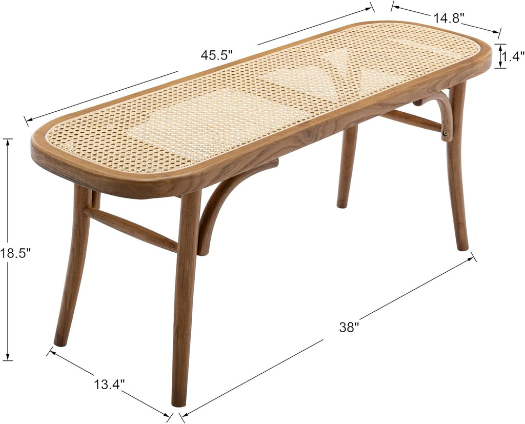 Farmhouse Wood Bench Seat Small Rattan Cane Bench Wicker Bench for End of Bed Living Room Entryway Foyer Indoor, Hand Woven