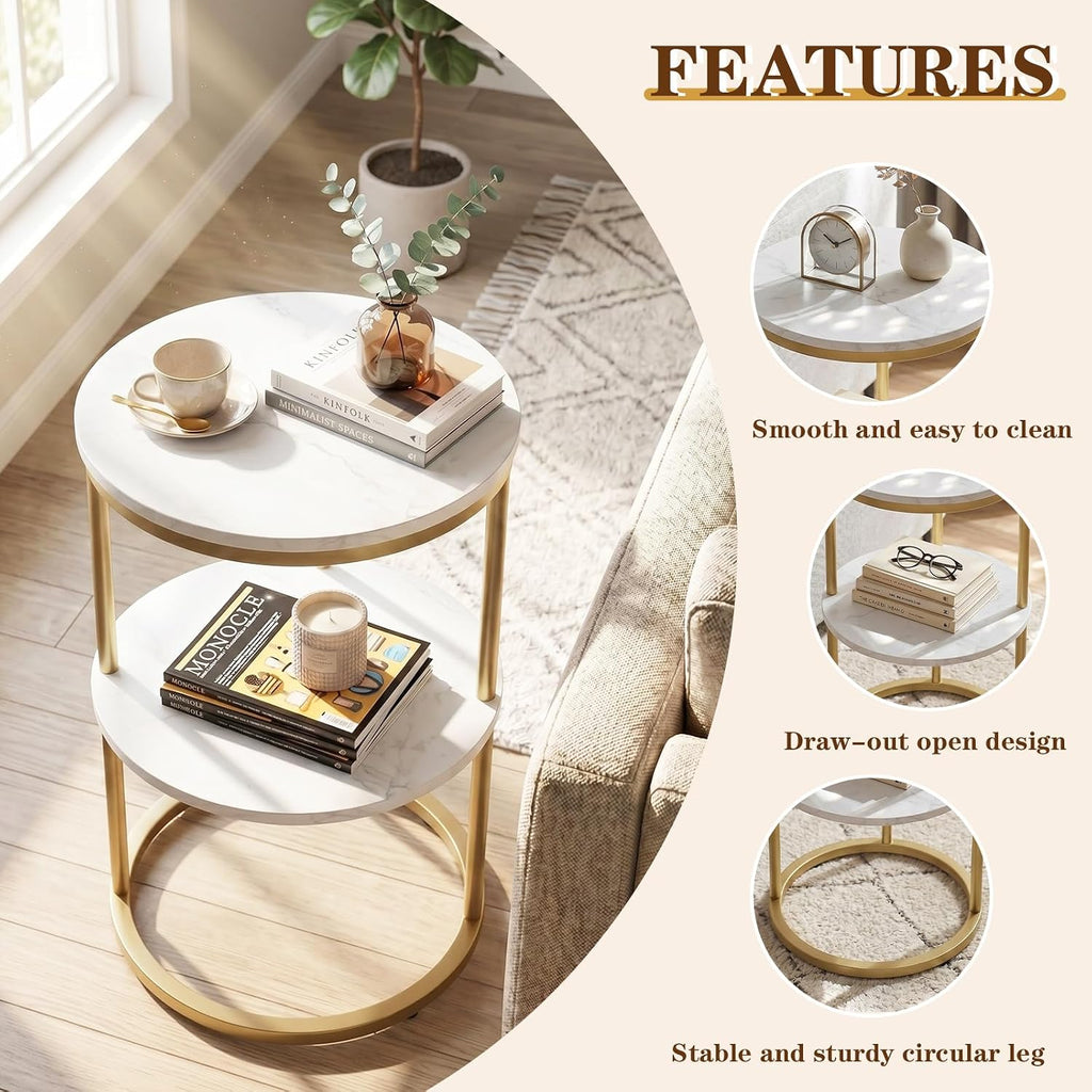 C Shaped end Table,2 Tier Wood Round Side Table for Couch,Small Sofa Table with Metal Frame for Bedroom,Living Room,Bedside,Gold(11.8" D x 11.8" W x 22.9" H)