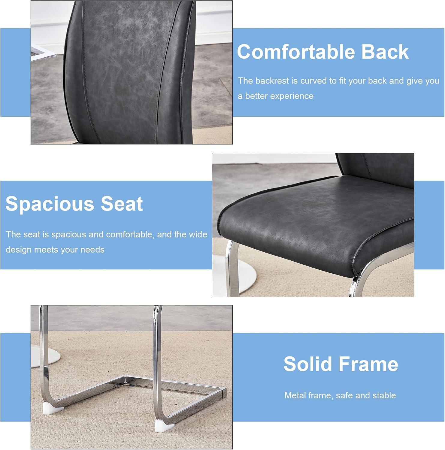Modern Dining Chairs Set of 4, Faux Leather High Back Side Chairs Stylish Armless Chair with C-Shaped Tube Chrome Metal Legs for Dining Room Kitchen Office (Grey02-Silver Leg, Set of 4)