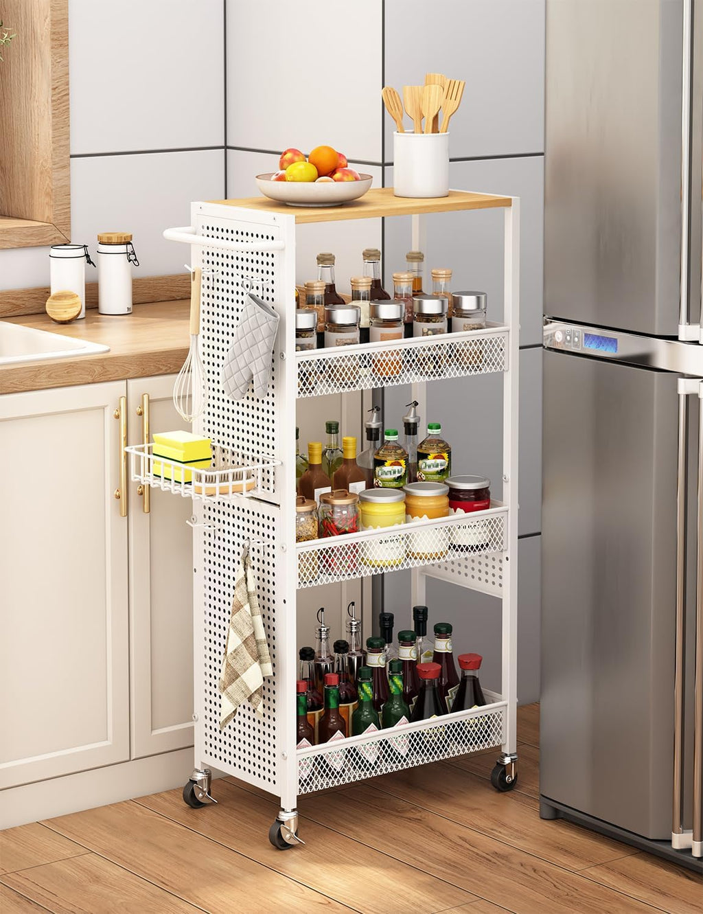 Slim Storage Rolling Cart: 4-Tier Narrow Metal & Wood Utility Cart with Wheels for Kitchen/Laundry/Bathroom(White)