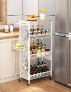 Slim Storage Rolling Cart: 4-Tier Narrow Metal & Wood Utility Cart with Wheels for Kitchen/Laundry/Bathroom(White)
